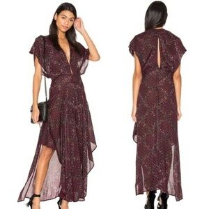 FP one dark purple gold foil floral maxi dress XS